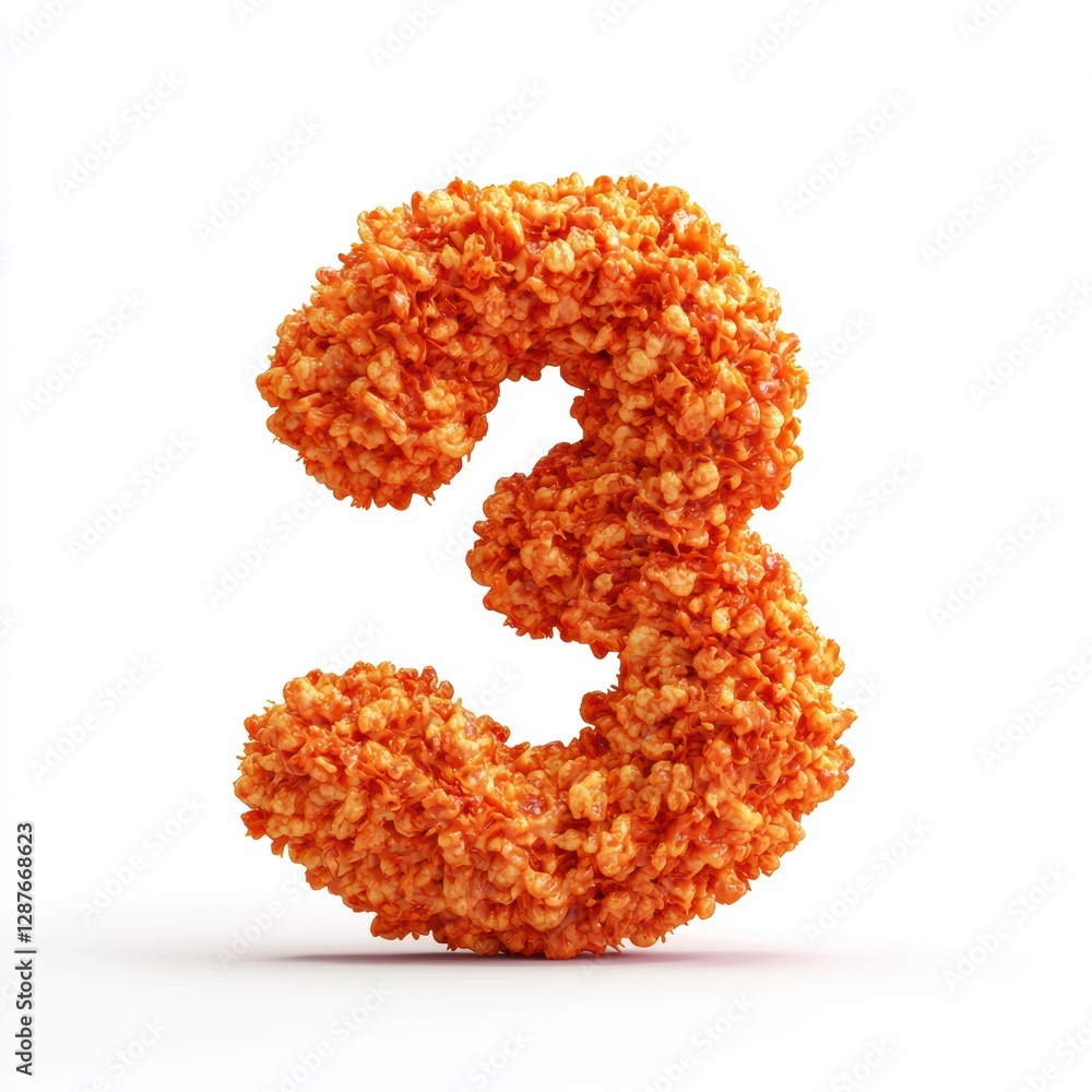 Number 3 made of crunchy spicy fried chicken fillet with a golden-red crisp texture isolated on a clean white background Number 3 made of crunchy spicy fried chicken fillet with a golden-red crisp texture isolated on a clean white background