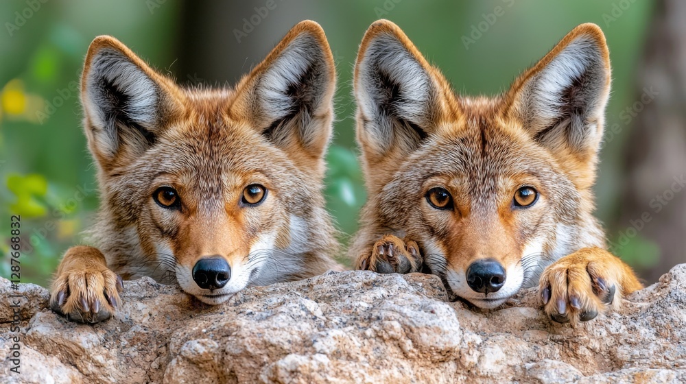 Coyotes resting on rocky terrain in a natural habitat during daylight hours