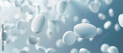 Wallpaper Mural Floating pills and capsules on white blue background. Concept of high quality pharmaceutical production for healthcare. Banner. Close-up. Torontodigital.ca