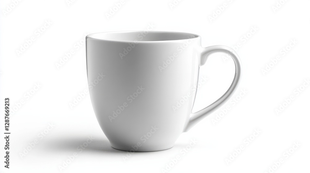 A ceramic mug with a simple white glaze and a rounded handle, isolated on a white background A ceramic mug with a simple white glaze and a rounded handle, isolated on a white background