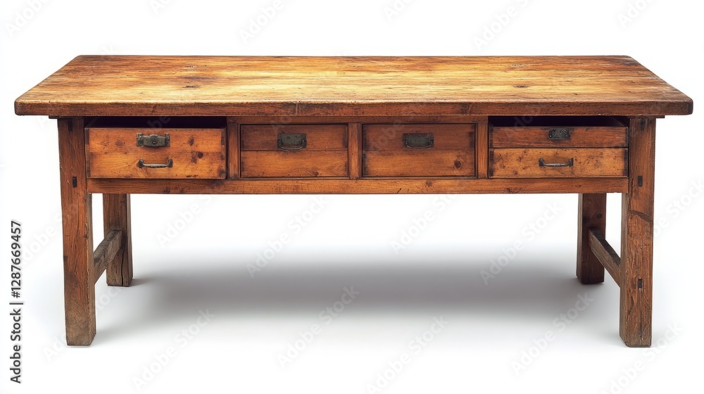 A classic wooden workbench with a smooth surface and built-in drawers, isolated on a white background A classic wooden workbench with a smooth surface and built-in drawers, isolated on a white background