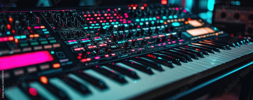 Fototapeta premium A vibrant synthesizer creating rhythmic sounds in a modern music studio environment.