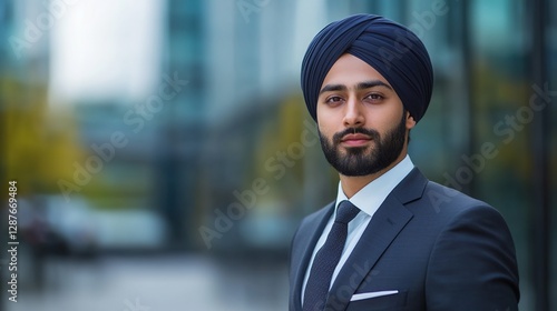 Photo of an attractive young Sikh man in a suit and turban, standing outside a modern office building in London with a blurred background.