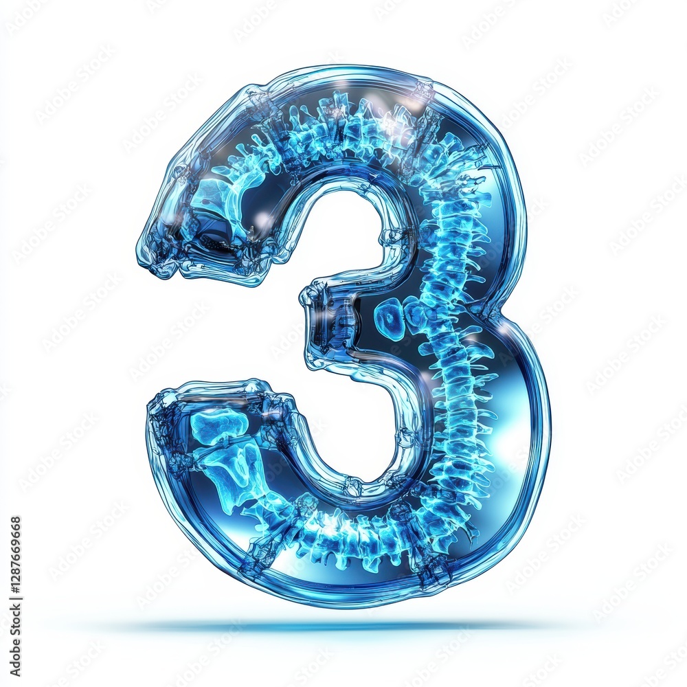 Number 3 made of glowing blue X-ray scan effect with visible bone structure isolated on a clean white background Number 3 made of glowing blue X-ray scan effect with visible bone structure isolated on a clean white background