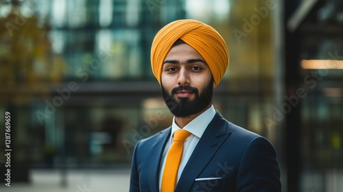 Photo of an attractive young Sikh man in a suit and turban, standing outside a modern office building in London with a blurred background.