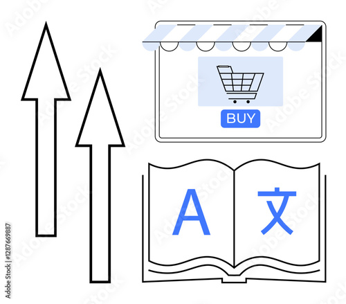 Two upward arrows, an online shopping cart with a Buy button, and an open book with multilingual characters. Ideal for international e-commerce, education, language learning, globalization, customer