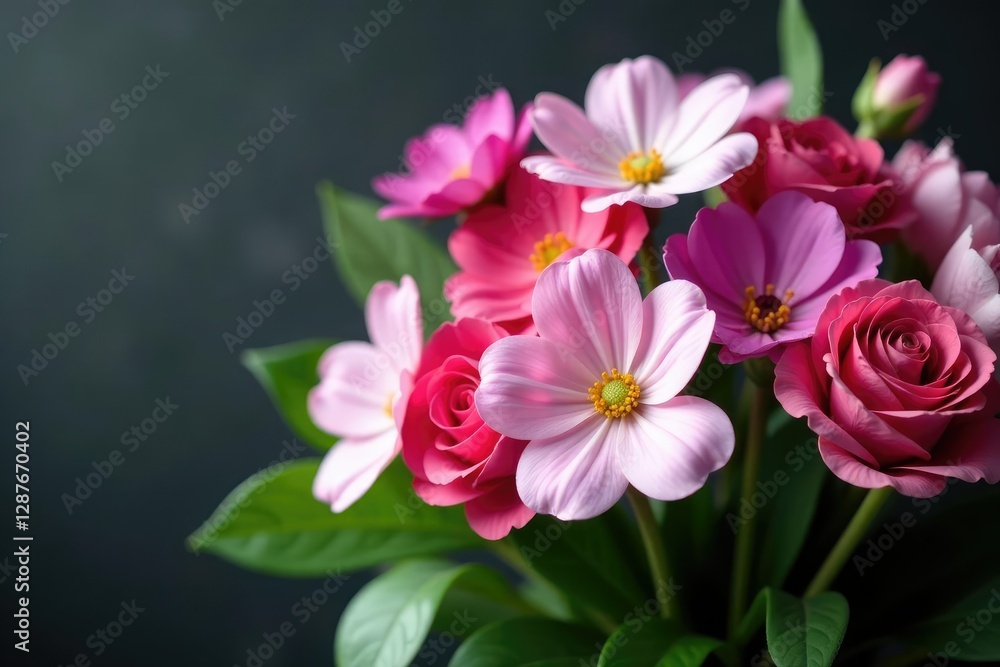 A bouquet of mixed-colored flowers including purple and pink hearts, greenery, natural