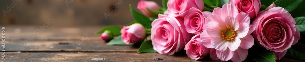 A bouquet of pink roses and peonies on a wooden table, carnation, floral decor, decorative flowers A bouquet of pink roses and peonies on a wooden table, carnation, floral decor, decorative flowers