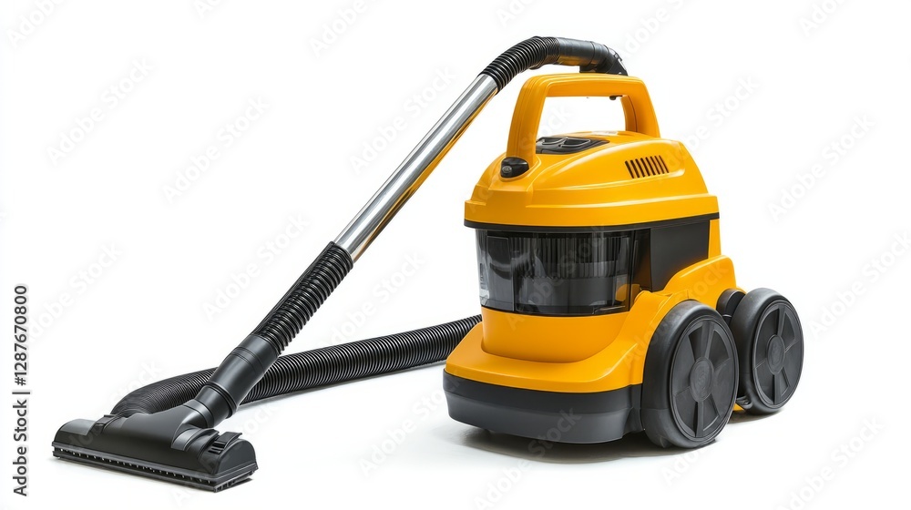 A compact shop vacuum with a long hose and powerful motor, isolated on a white background A compact shop vacuum with a long hose and powerful motor, isolated on a white background