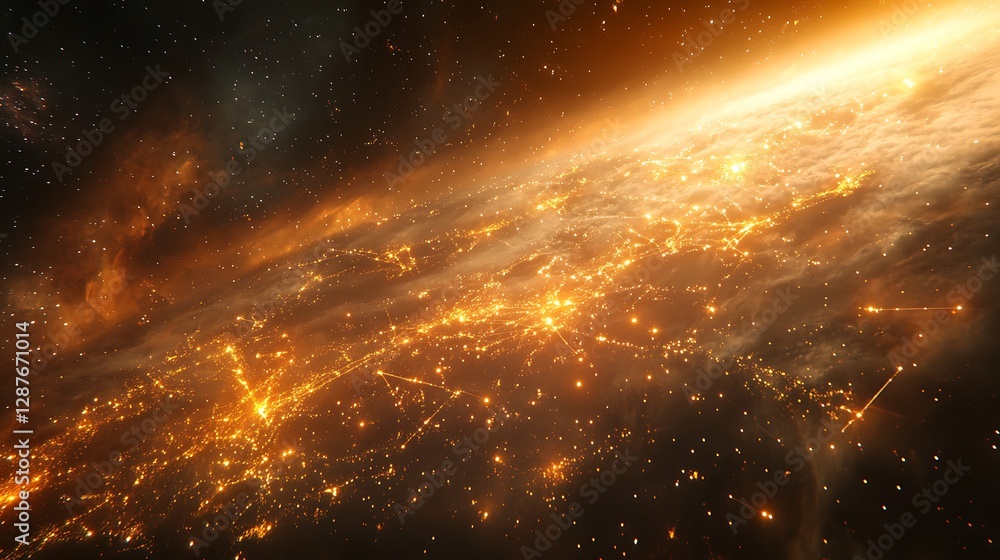 Cosmic trade routes visualized as radiant stars interconnected by glowing galactic lines, abstract data points embedded in the constellations, dark nebula-filled backdrop, Cosmic trade routes visualized as radiant stars interconnected by glowing galactic lines, abstract data points embedded in the constellations, dark nebula-filled backdrop,