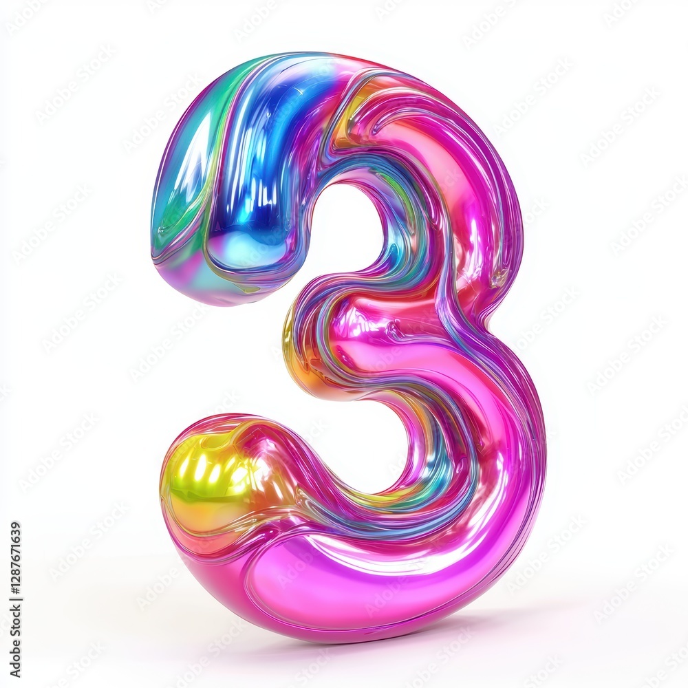 Number 3 made of vibrant rainbow slime with swirling neon colors and glossy reflections isolated on a clean white background Number 3 made of vibrant rainbow slime with swirling neon colors and glossy reflections isolated on a clean white background