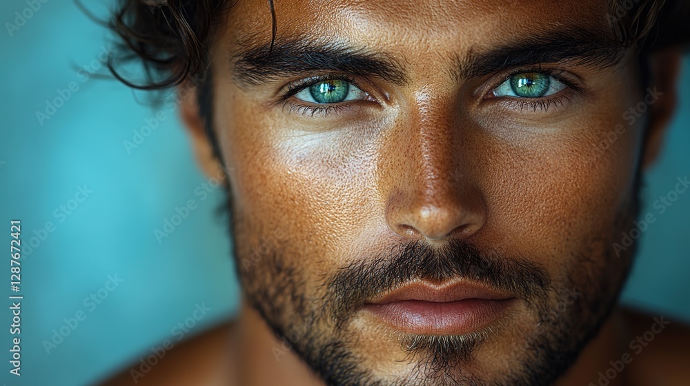 A close-up portrait of an attractive male model with green eyes, dark hair, and a short beard, posing for the camera. A close-up portrait of an attractive male model with green eyes, dark hair, and a short beard, posing for the camera.