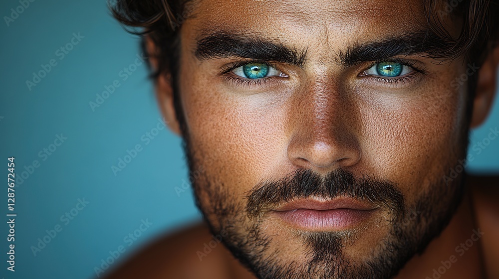 A close-up portrait of an attractive male model with green eyes, dark hair, and a short beard, posing for the camera. A close-up portrait of an attractive male model with green eyes, dark hair, and a short beard, posing for the camera.