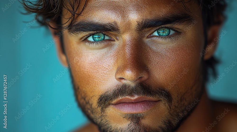 Obraz premium A close-up portrait of an attractive male model with green eyes, dark hair, and a short beard, posing for the camera.