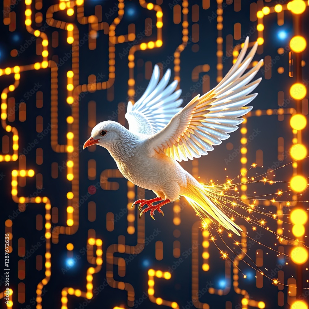 Fototapeta premium Glowing Bird in a Cage with Abstract Light Trails and Technology Theme