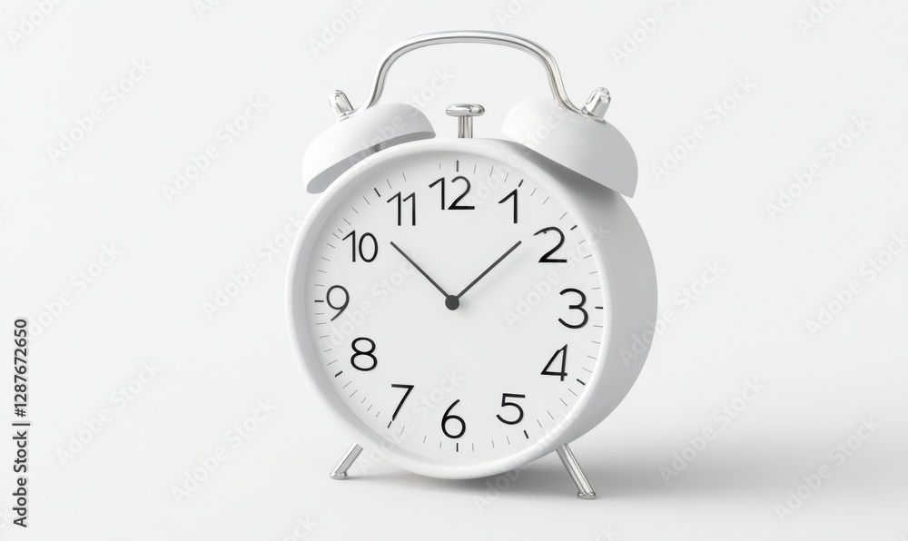 White alarm clock on white background, time management concept White alarm clock on white background, time management concept