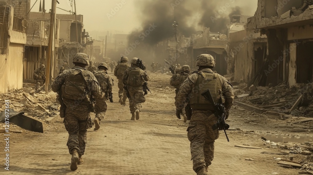 Soldiers in urban combat, US troops advancing through war-torn streets against resistance forces, chaotic but cinematic, Soldiers in urban combat, US troops advancing through war-torn streets against resistance forces, chaotic but cinematic,
