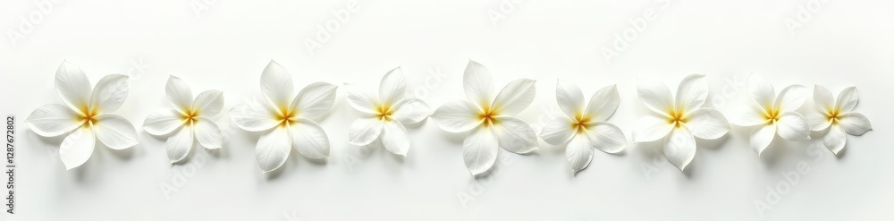 Fototapeta premium Delicate white jasmine flowers bloom in a sparse arrangement on a stark white background, petals, blooms
