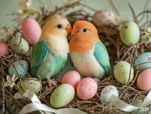 Two birds in a nest with colorful eggs. AI.