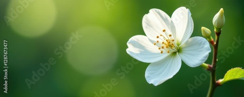Delicate white petals unfurl on Malus coronaria stem, blossoming flowers, white bloom,