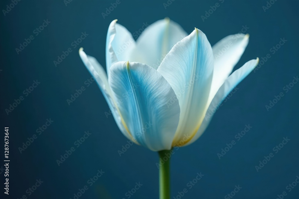 Fototapeta premium Delicate white tulip with blue hue blooms on a dark stem, tulip, flower