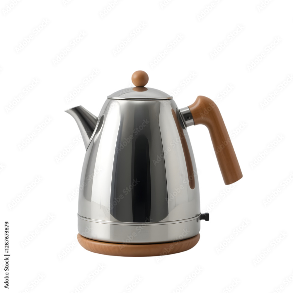Elegant Stainless Steel Kettle with Wooden Handle and Base Elegant Stainless Steel Kettle with Wooden Handle and Base