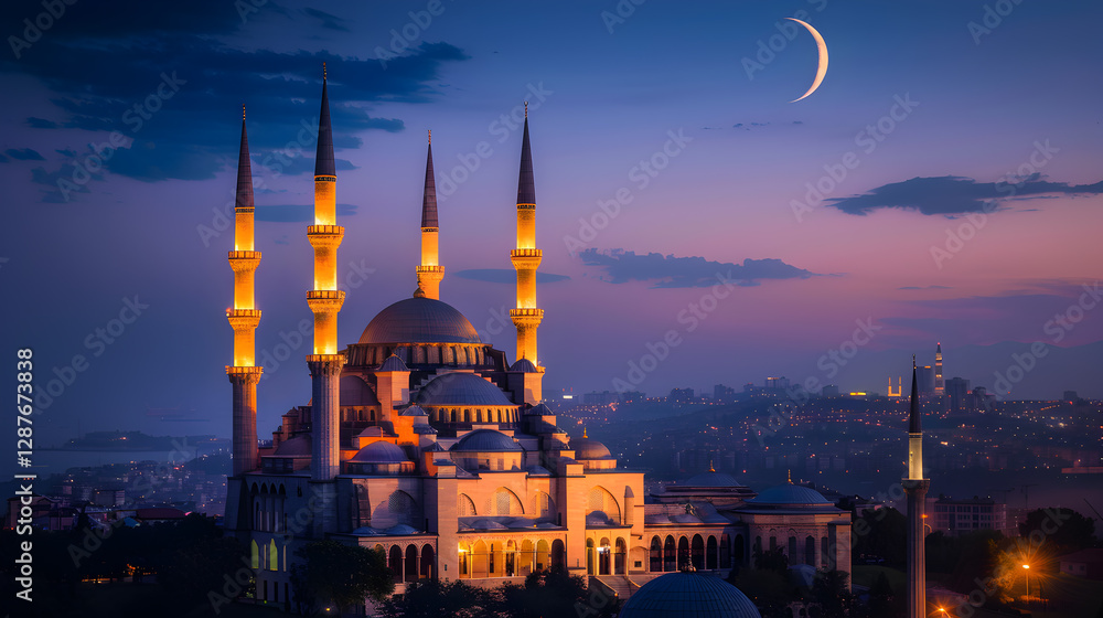 Obraz premium Majestic Twilight View of an Illuminated Mosque with Crescent Moon