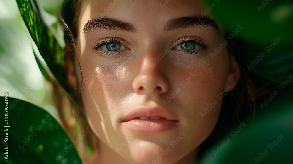 A close-up portrait of a young woman with striking eyes, framed by green olive leaves, cosmetics advertising, naturalness A close-up portrait of a young woman with striking eyes, framed by green olive leaves, cosmetics advertising, naturalness