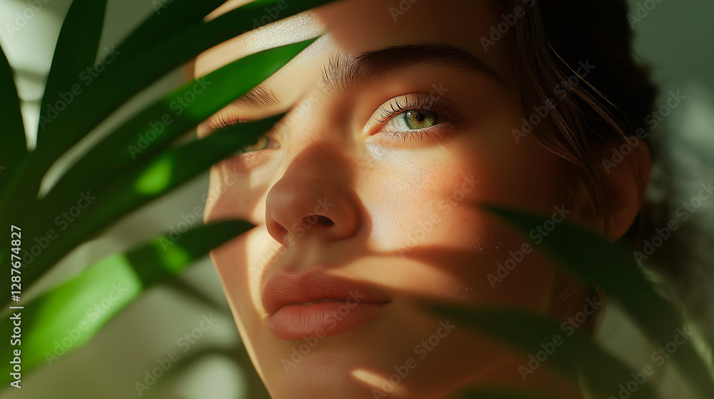 A close-up portrait of a young woman with striking eyes, framed by green olive leaves, cosmetics advertising, naturalness A close-up portrait of a young woman with striking eyes, framed by green olive leaves, cosmetics advertising, naturalness