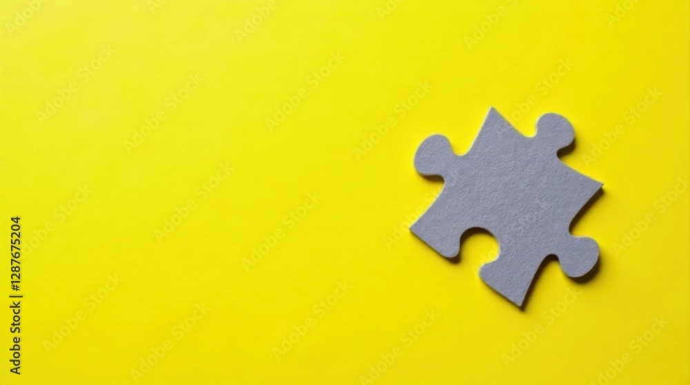 Obraz premium A Single Gray Jigsaw Piece on Vibrant Yellow Background, Representing Missing Element, Problem Solving, or Incomplete Task
