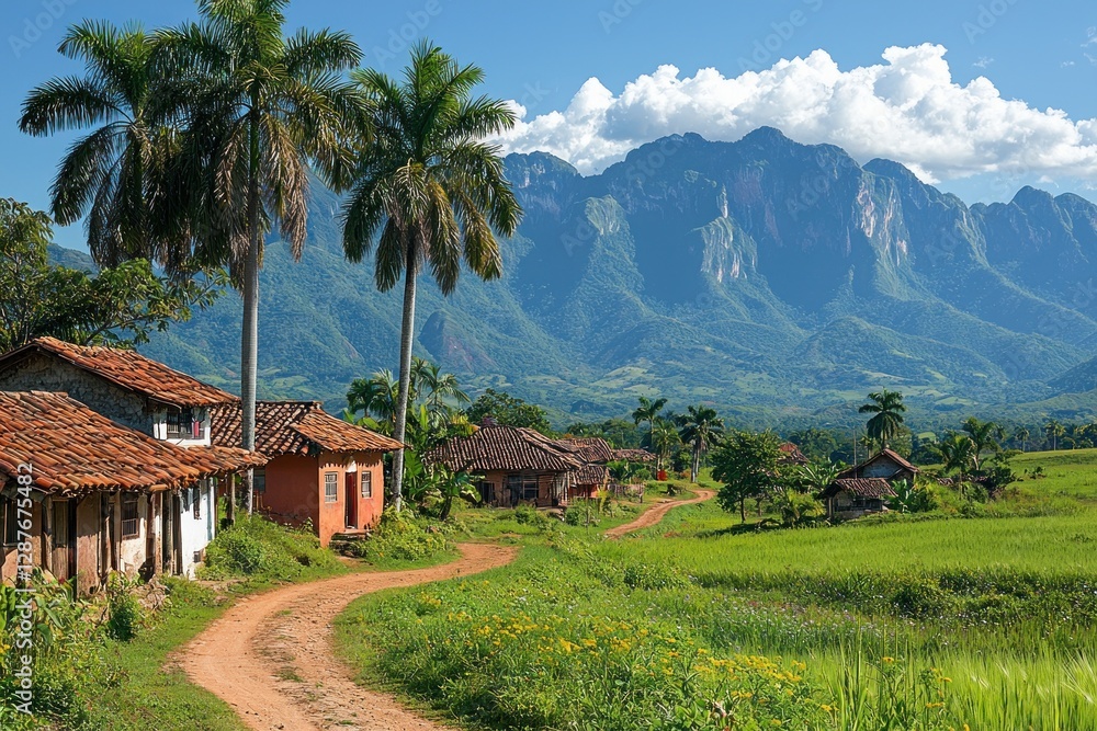 Village with traditional buildings in a lush, green, sunny valley with mountains Village with traditional buildings in a lush, green, sunny valley with mountains