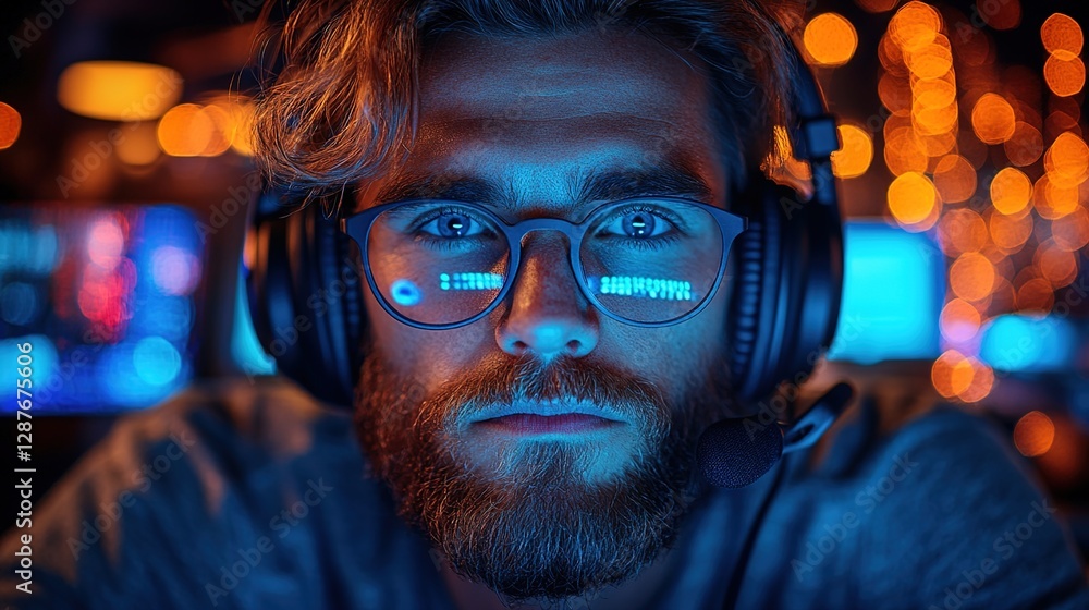 Cinematic close-up of an IT support agent in headphones, working on their computer at night with a focused expression and blue light illuminating the screen Cinematic close-up of an IT support agent in headphones, working on their computer at night with a focused expression and blue light illuminating the screen