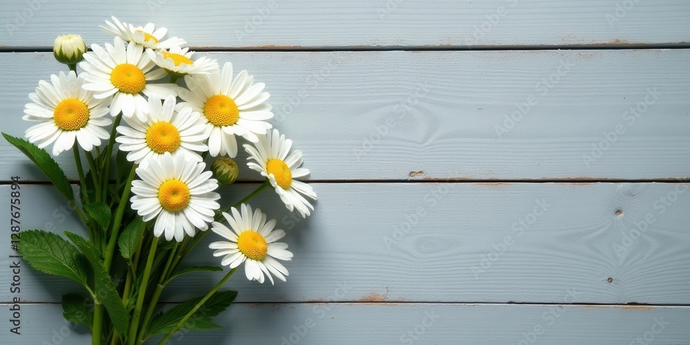 Fototapeta premium A delightful bouquet of daisies rests on a rustic light-blue wooden surface, creating a charming and peaceful springtime scene.