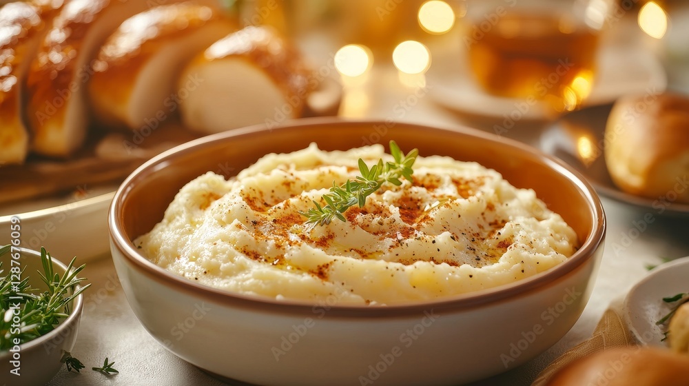 Artistic shot of mashed potatoes garnished with thyme and paprika, framed by carved turkey and fresh rolls under golden evening light Artistic shot of mashed potatoes garnished with thyme and paprika, framed by carved turkey and fresh rolls under golden evening light