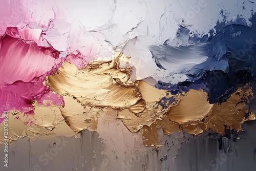 Vibrant Abstract Oil Painting Featuring Golden, Blue, and Pink Hues, Creating a Captivating Play of Colors and Emotions in a Modern Artistic Expression