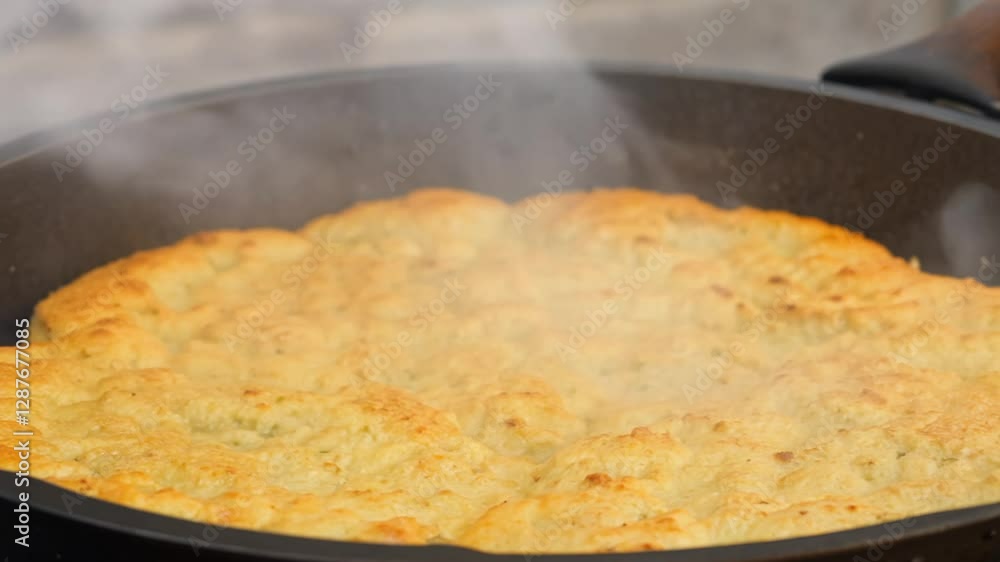 Establishing close-up video, static, side lighting, skillet of cornbread, just out of the oven, steam rising, rough texture, warmth Establishing close-up video, static, side lighting, skillet of cornbread, just out of the oven, steam rising, rough texture, warmth