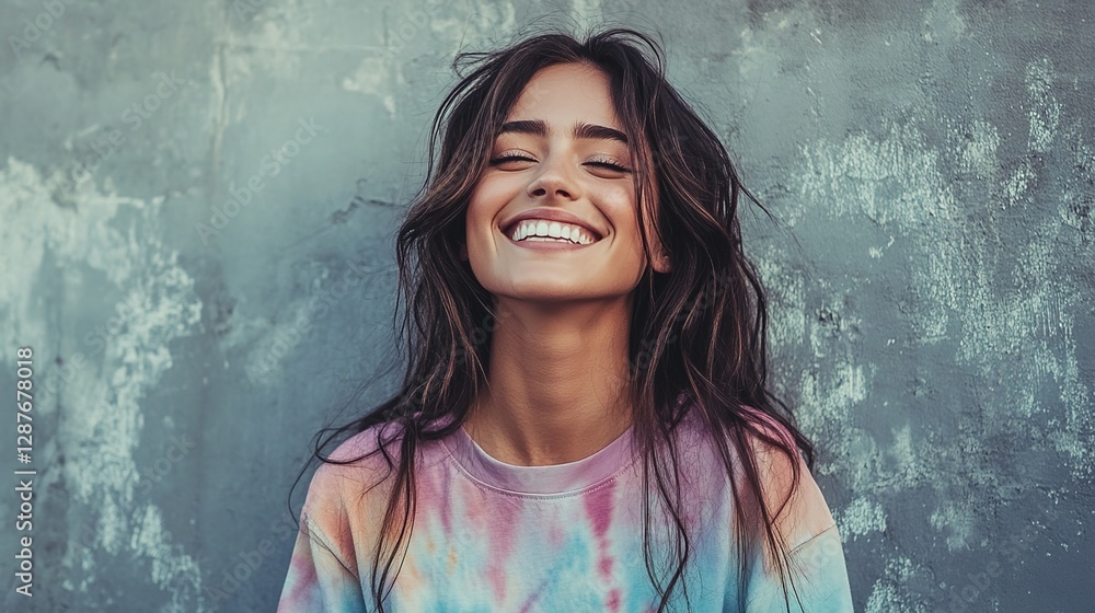 A beautiful woman wearing an oversized tie-dye t-shirt is smiling and standing in front of a wall. A beautiful woman wearing an oversized tie-dye t-shirt is smiling and standing in front of a wall.