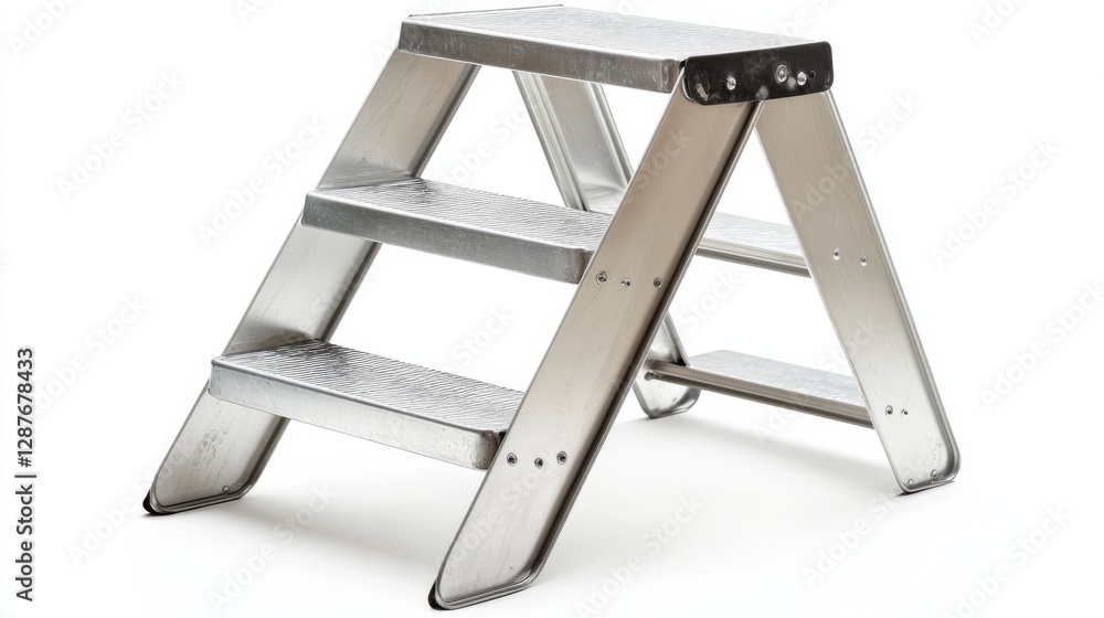 A lightweight aluminum step ladder with three wide steps, isolated on a white background A lightweight aluminum step ladder with three wide steps, isolated on a white background