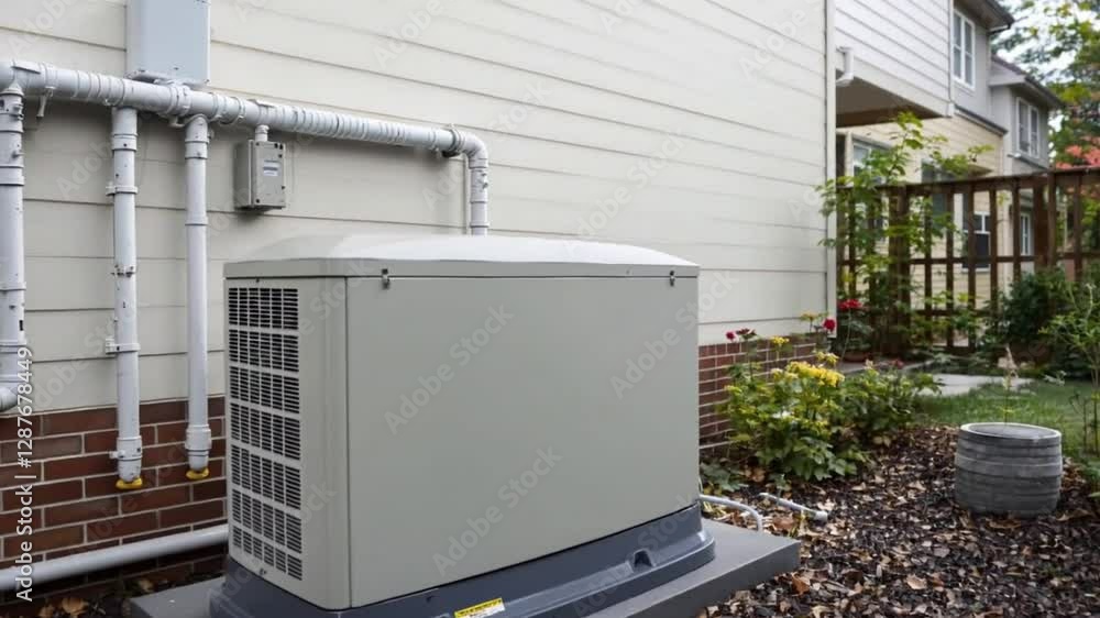A Home Standby Generator installed at the backyard of a house. An air-cooled natural gas or liquid propane generator for residential use A Home Standby Generator installed at the backyard of a house. An air-cooled natural gas or liquid propane generator for residential use