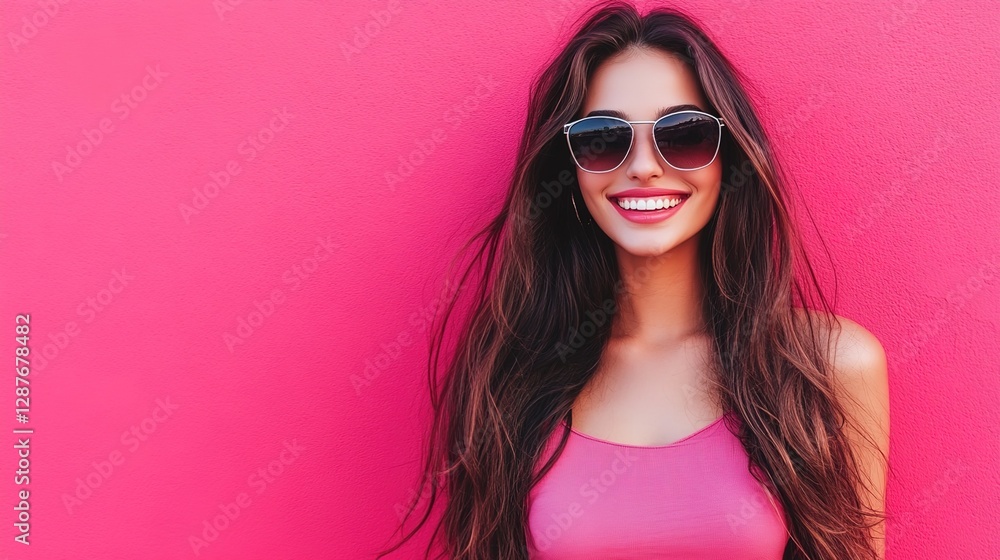 A beautiful woman with long hair and sunglasses smiles against the backdrop of bright pink walls. A beautiful woman with long hair and sunglasses smiles against the backdrop of bright pink walls.