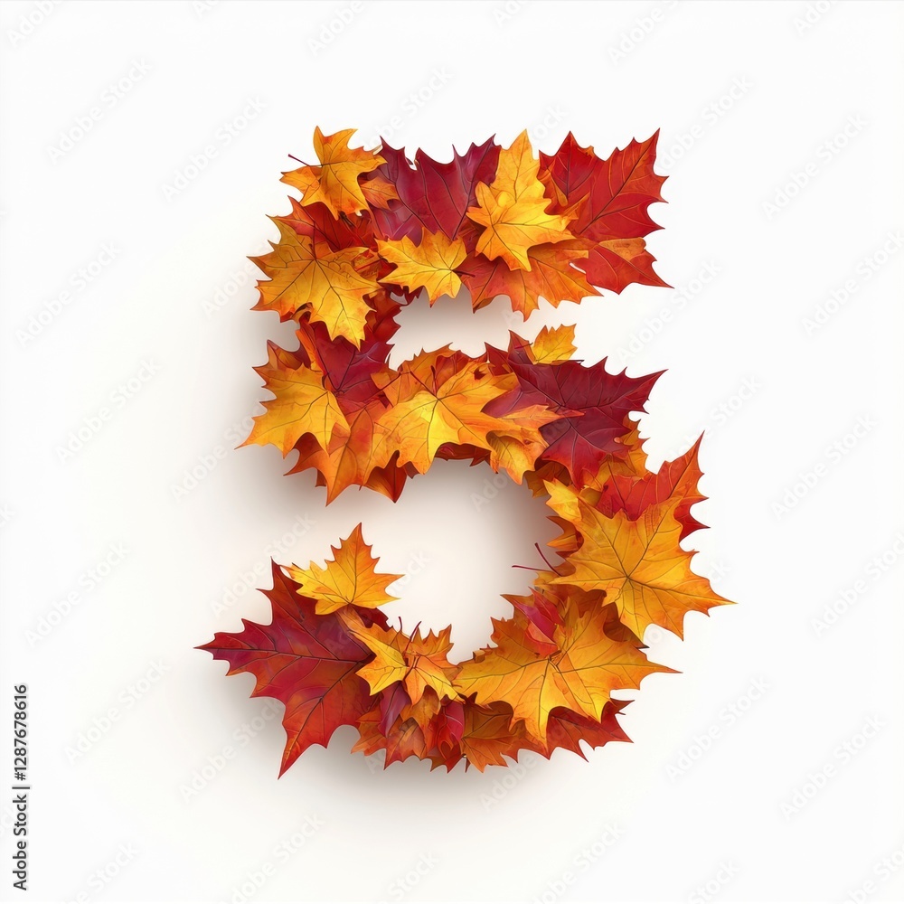 Fototapeta premium Number 5 made of layered autumn leaves in shades of orange, red, and yellow isolated on a clean white background