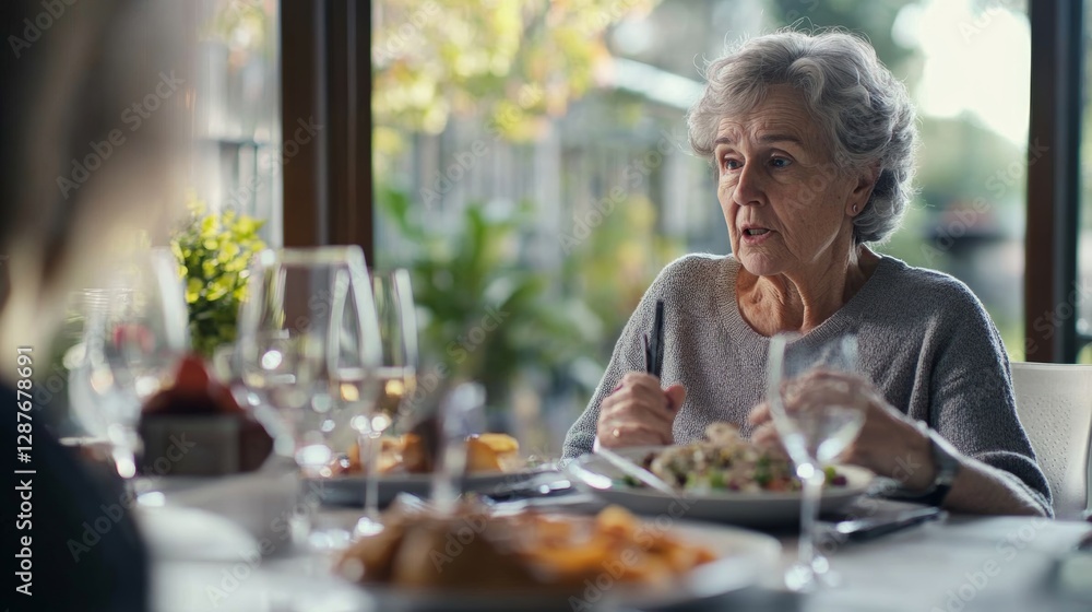 Dementia symptoms in a senior woman losing track of a conversation at a dinner table. Featuring confusion and emotional strain Dementia symptoms in a senior woman losing track of a conversation at a dinner table. Featuring confusion and emotional strain
