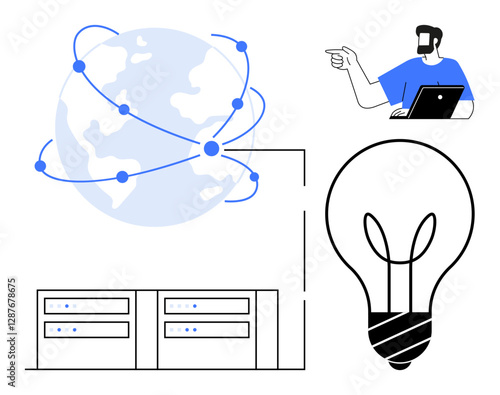 Man with laptop pointing, interconnected globe with nodes, data servers, and large lightbulb. Ideal for digital transformation, innovation, global connectivity, data storage, technology creativity