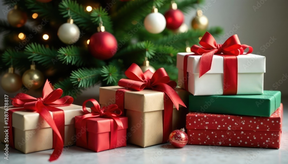 Ribbons and bows on stacked gift boxes surrounding the Christmas tree, decorative items, wrapped boxes Ribbons and bows on stacked gift boxes surrounding the Christmas tree, decorative items, wrapped boxes