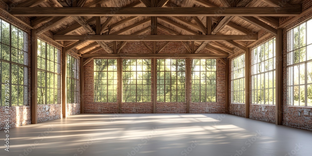 A large room with wooden beams on the ceiling, brick walls, and windows overlooking nature. A large room with wooden beams on the ceiling, brick walls, and windows overlooking nature.