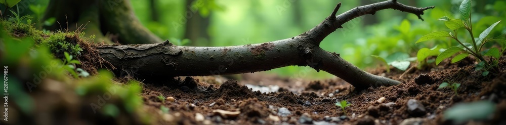 Broken branch submerged in the forest soil with roots of surrounding trees, soil, branches Broken branch submerged in the forest soil with roots of surrounding trees, soil, branches