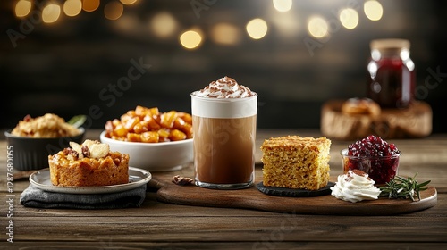 Wallpaper Mural Artistic still life of a pumpkin spice latte and Thanksgiving sides like candied yams, cornbread, and cranberry relish on a wooden table Torontodigital.ca