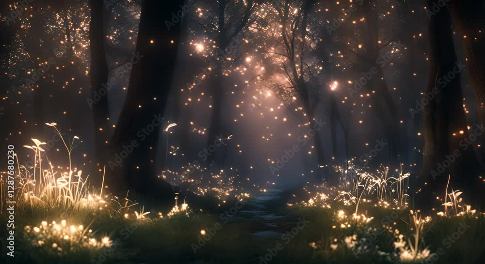 Enchanted Forest Path with Glowing Fireflies