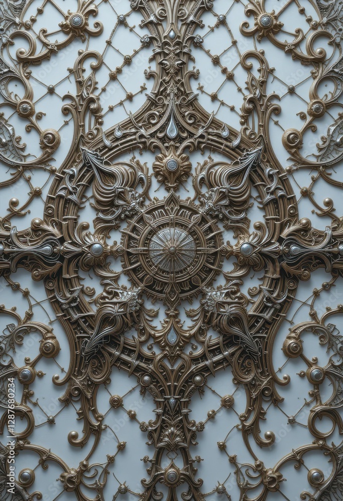Obraz premium Intricate Gold and Silver Ornate Ceiling Design Detailed Close Up Architectural Background