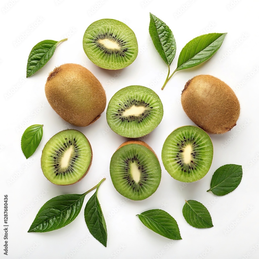Fototapeta premium Juicy kiwi slices and vibrant green leaves, perfectly isolated on white.